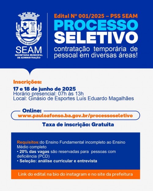 [Processo Seletivo Simplificado SEAM 2025: Inscrições Dias 17 e 18 de Junho]