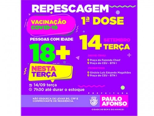 [Vacinação contra a Covid terá repescagem de 1ª dose 18+ na terça (14) e jovens de 17 anos na quarta (15)]